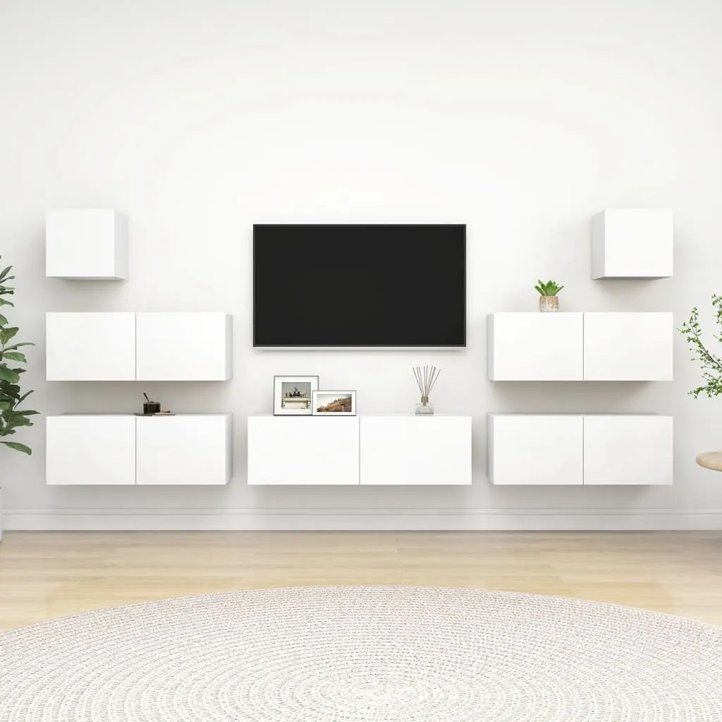 Set Mobili Porta Tv 7 Pz Bianco İn Legno Multistrato /