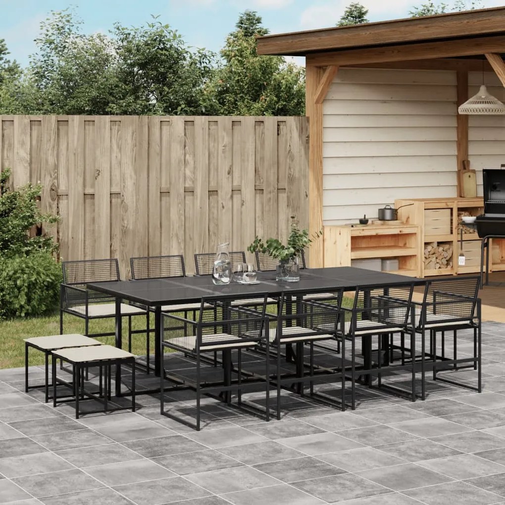 Set da pranzo da giardino 13pz con cuscini nero in polyrattan