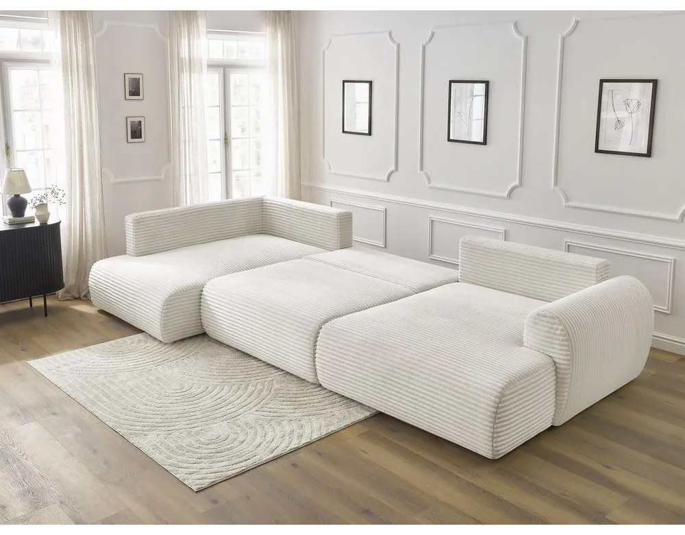 Divano angolare color crema allungabile/con contenitore (con penisola a sinistra/a U) con rivestimento in velluto a coste Lucien – Bobochic Paris