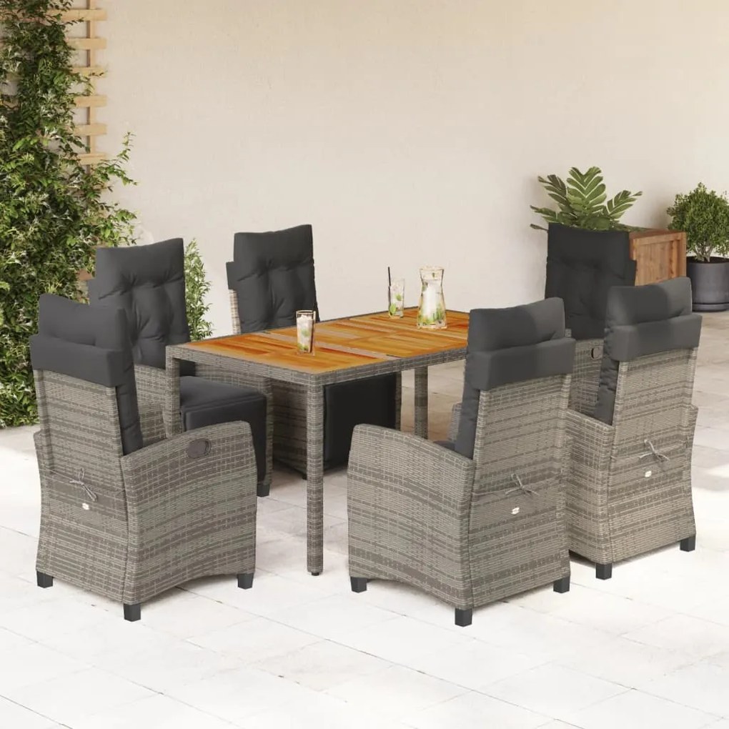 Set da pranzo da giardino 7 pz con cuscini in polyrattan grigio