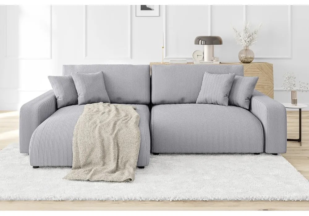 Divano letto in velluto a coste grigio chiaro (penisola variabile) Sara - Ropez