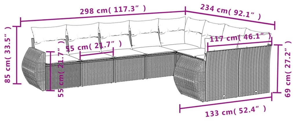 Set divani da giardino 9 pz con cuscini nero in polyrattan