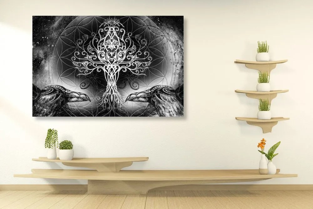 Quadro su tela – Corvi e albero della vita in bianco e nero