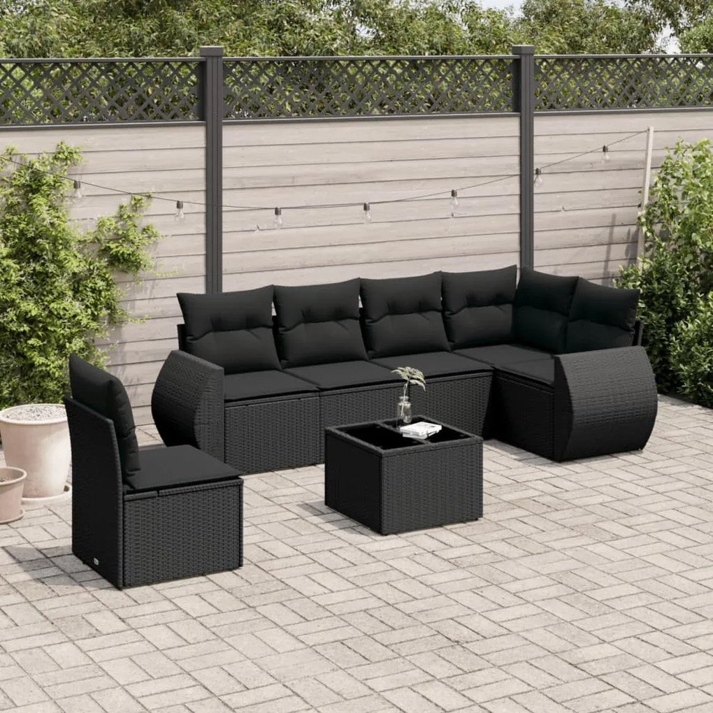 Set divani da giardino con cuscini 7pz nero polyrattan