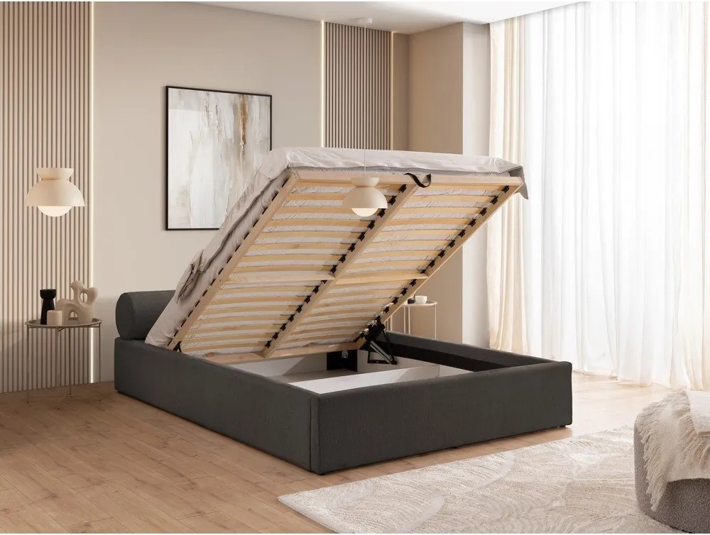 Letto matrimoniale imbottito grigio scuro con contenitore con rete inclusa 200x200 cm Cille – Ropez