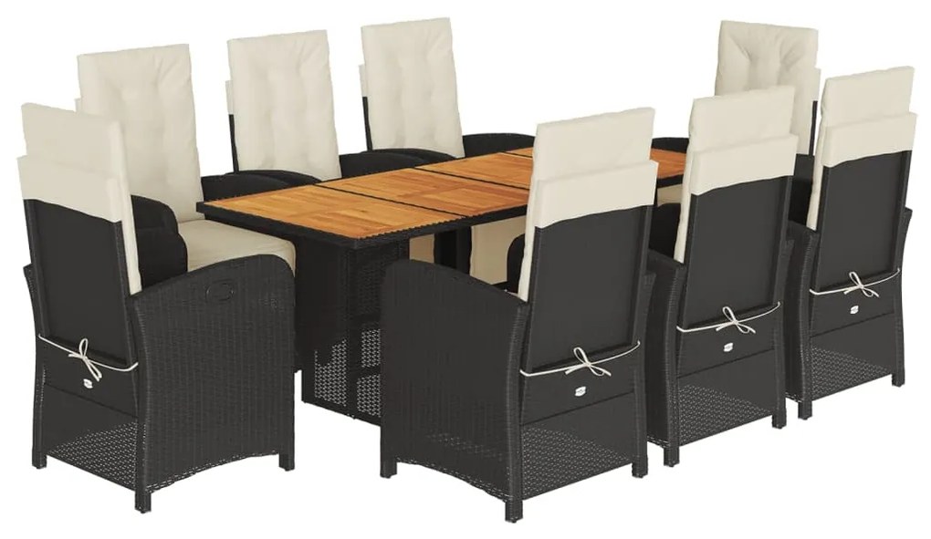 Set da pranzo da giardino 9 pz con cuscini nero in polyrattan