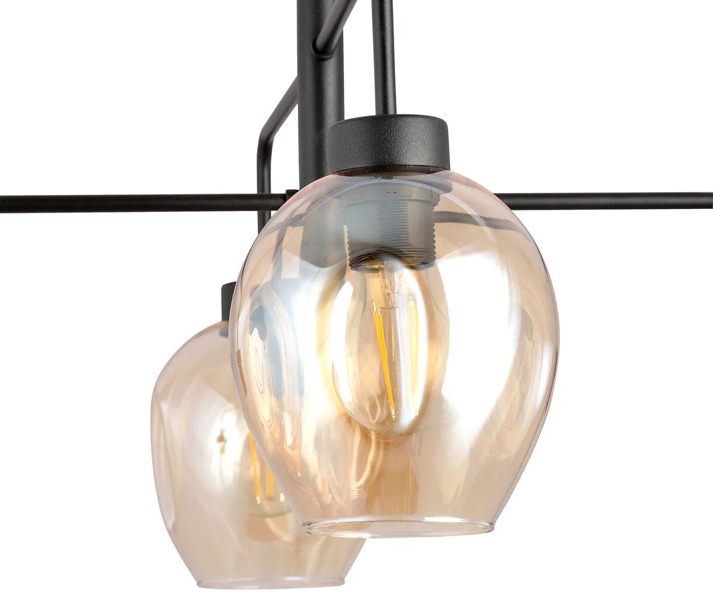 Lampadario Moderno 4 Luci Auriga In Accaio Nero E Vetro Ambra