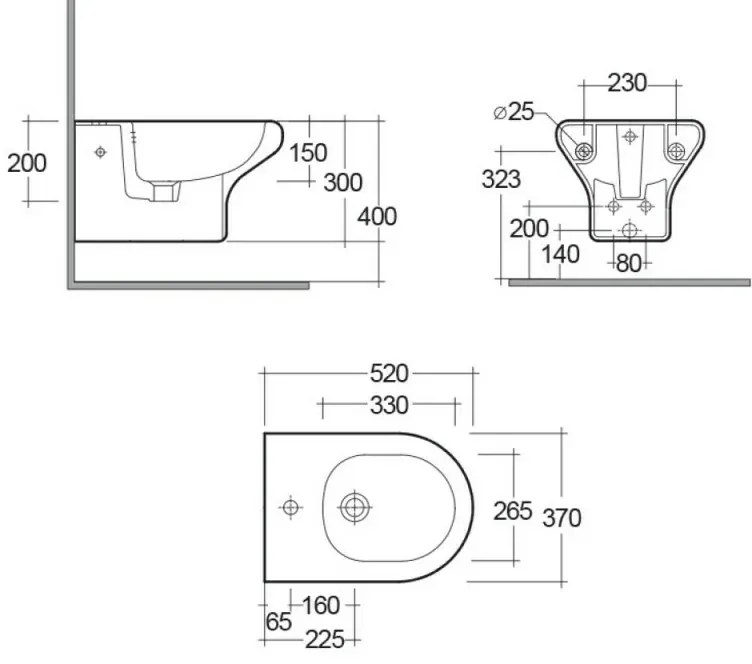 Set di Sanitari sospesi con WC + Bidet + Copriwater tradizionale, interasse 23