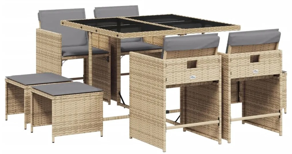 Set pranzo da giardino 9 pz con cuscini beige misto polyrattan