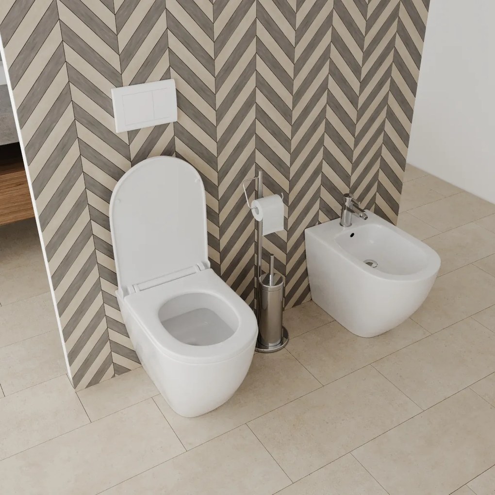 Sanitari Bidet e Vaso WC a terra filomuro rimless coprivaso softclose Francesco
