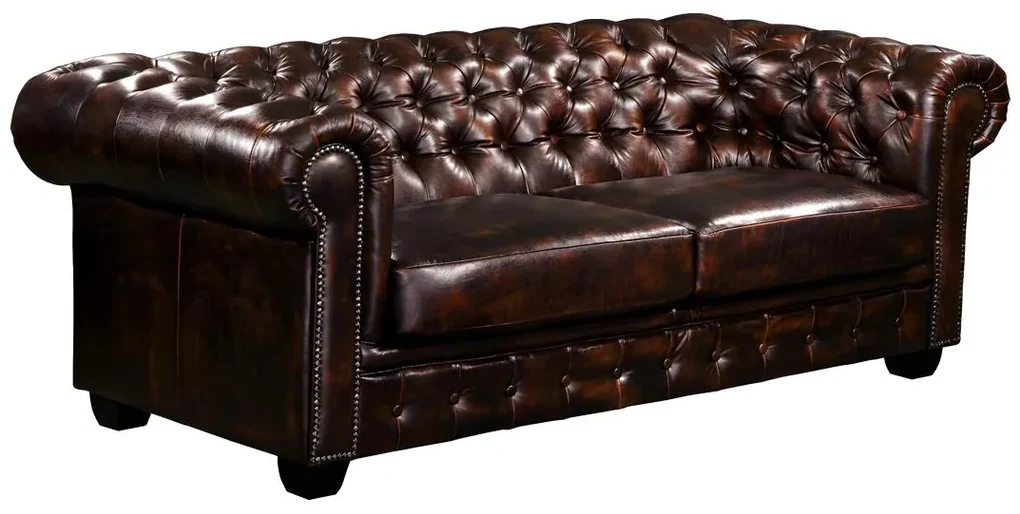 Divano Chesterfield a 3 posti 100% pelle di bufalo Marrone con riflessi  castani - BRENTON