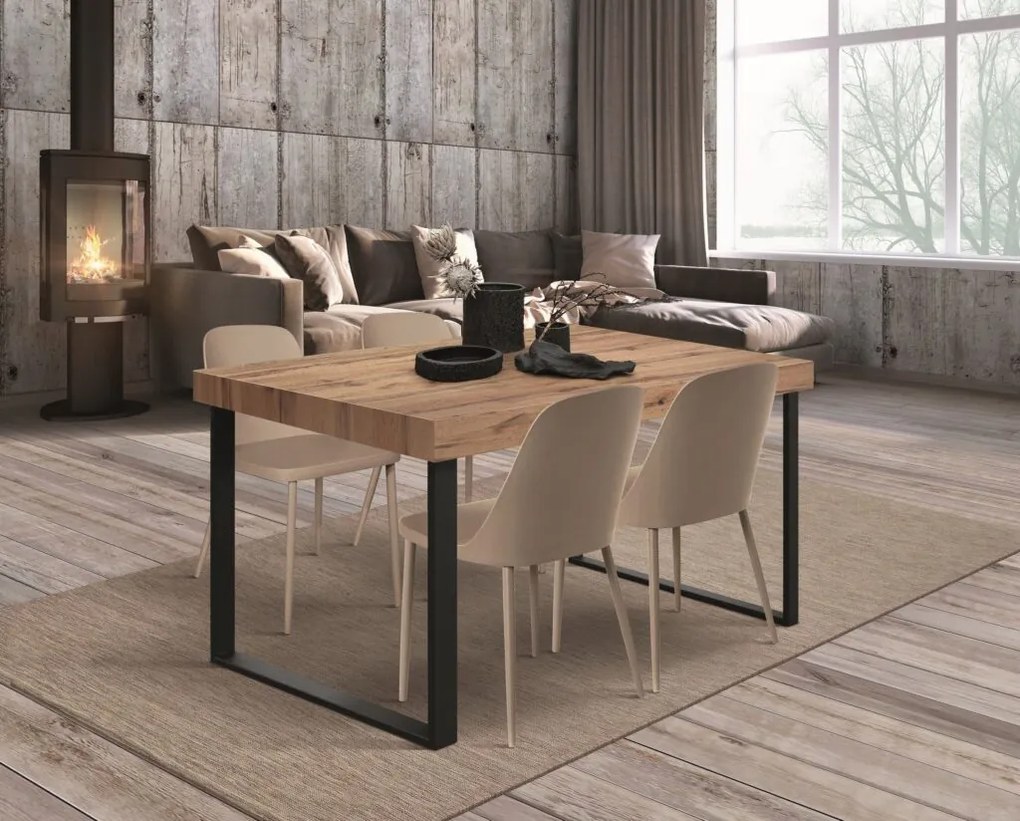 Tavolo CINQUALE in legno, finitura rovere rustico con gambe in metallo antracite, allungabile 160×90 cm – 240×90 cm