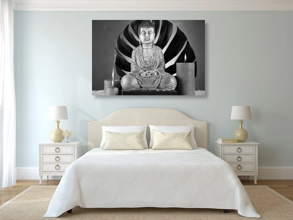 Stampa su tela – Buddha con natura morta rilassante in bianco e nero