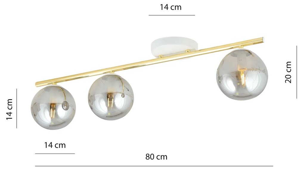 Plafoniera Contemporanea 3 Luci Monza In Acciaio Oro Bianco E Sfere Vetro Fumè