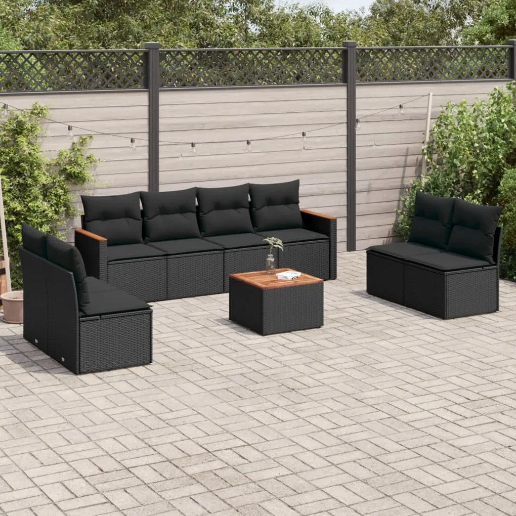 Set divani da giardino 9 pz con cuscini nero in polyrattan