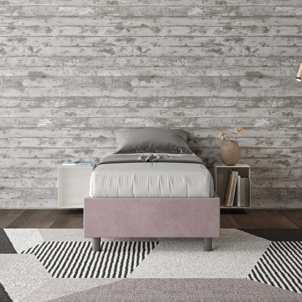 Letto singolo imbottito 80x190 microfibra Azelia senza rete, con rete e contenitore, Glicine / Contenitore