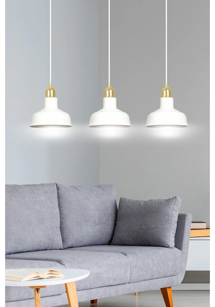 Lampadario Industrial 3 Luci Kubera In Acciaio Bianco Con Elementi In Oro