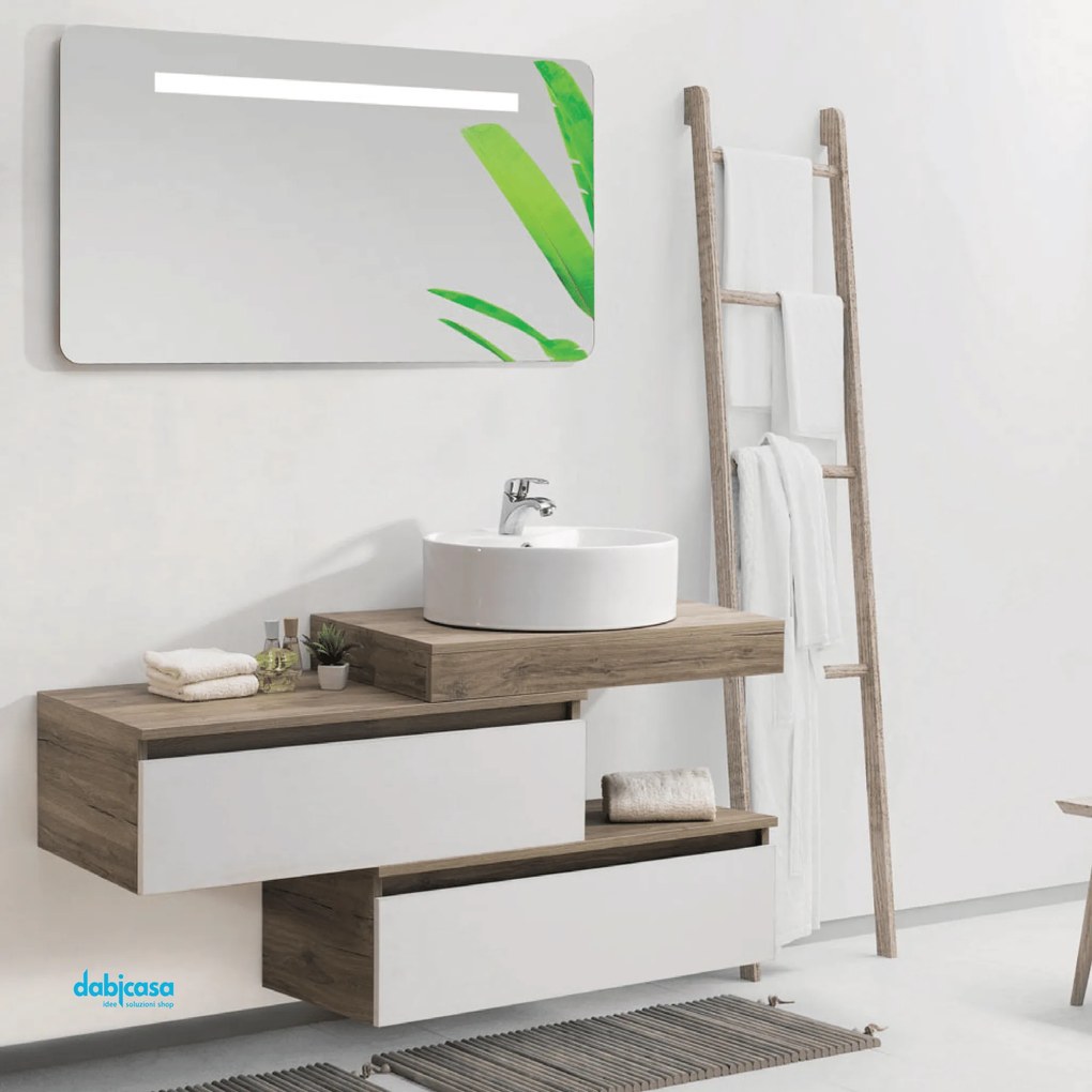 Mobile Bagno Sospeso "Otello" Da 90 Cm Composto Da Due Cassetti Sfalsati Ed Un Mensolone Con Lavabo E Specchio Con Barra Led