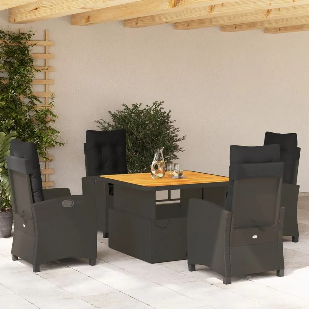 Set da pranzo da giardino 5 pz nero con cuscini in polyrattan