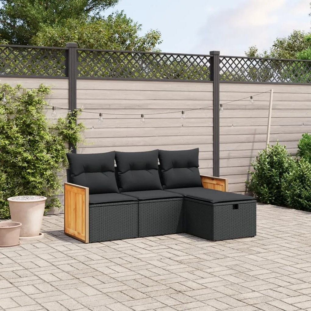 Set divani da giardino 4 pz con cuscini nero in polyrattan