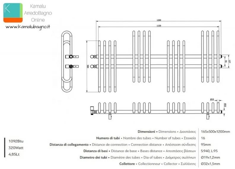 Kamalu - scaldabagno radiatore 500x1200mm modello kam-376