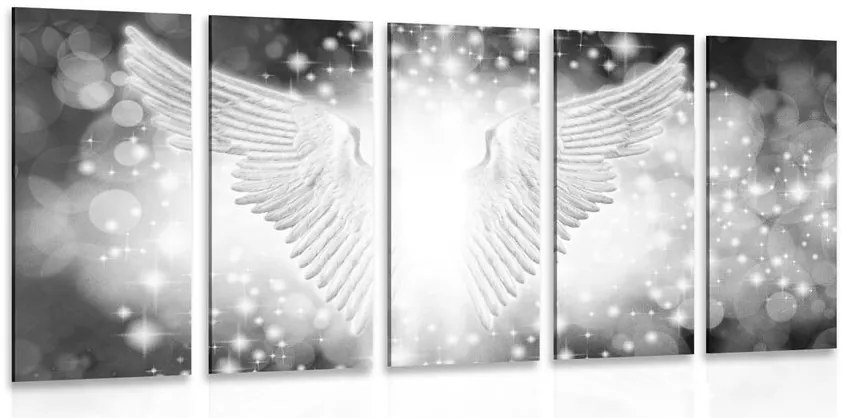 Quadri 5 pezzi – Ali in bianco e nero con elementi astratti