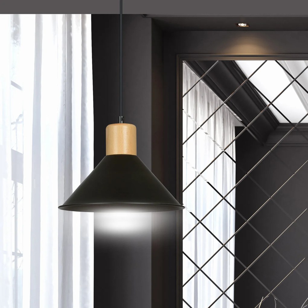 Sospensione Nordica 1 Luce Chandra In Acciaio Nero E Legno