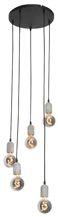 Lampada a sospensione industriale nera con calcestruzzo rotondo 5 luci - Pedra