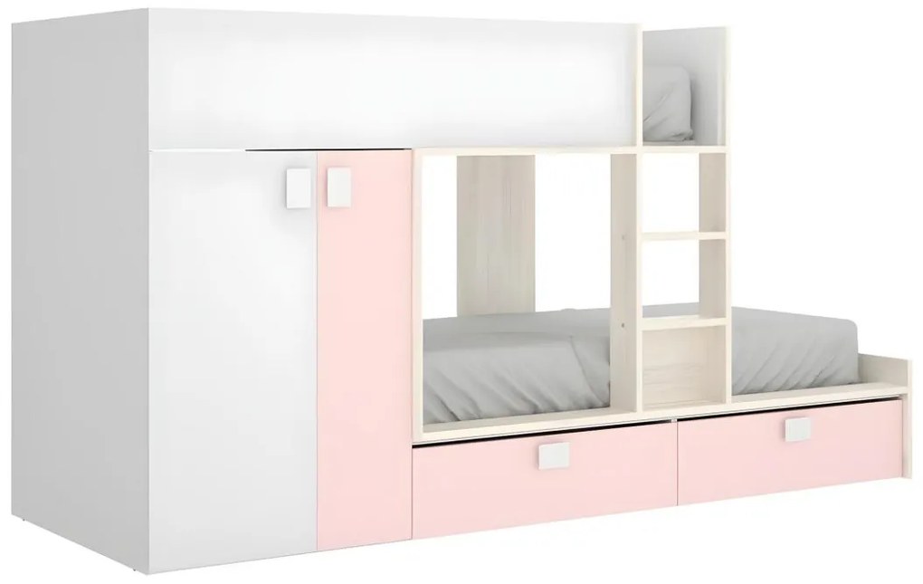 Letto a castello 2 x 90 x 190 cm - Armadio integrato - Bianco, Naturale e Rosa - JUANITO