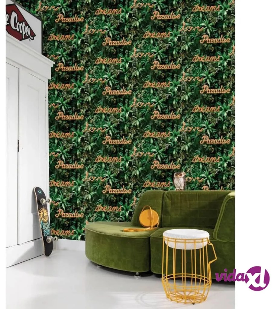 Noordwand Good Vibes Carta da Parati Neon Letter with Plants Verde e Arancione