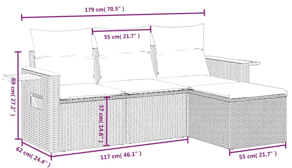 Set Divani da Giardino 4 pz con Cuscini in Polyrattan Grigio