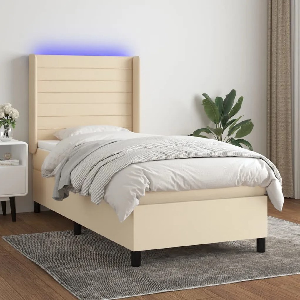 Letto a molle con materasso e led crema 80x200 cm in tessuto