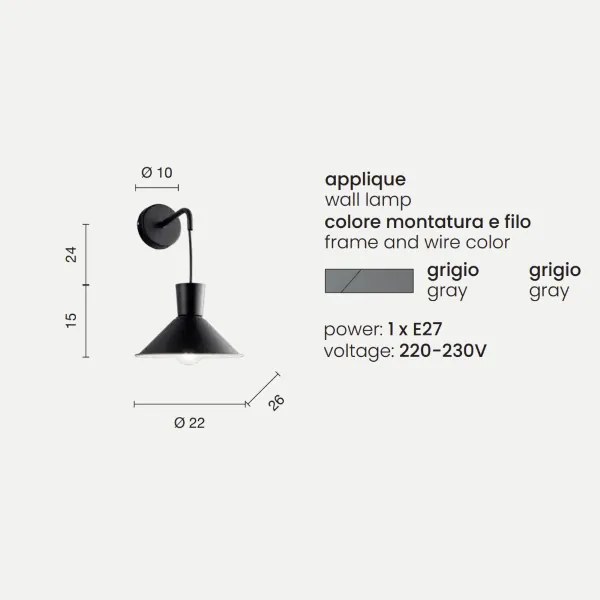 Applique D22 cm ELIO in metallo verniciato Grigio