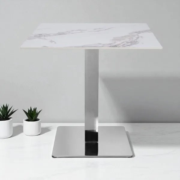 Tavolo ristorante bar top per esterno 80x80 cm effetto Marmo oro venato e base argento H 75