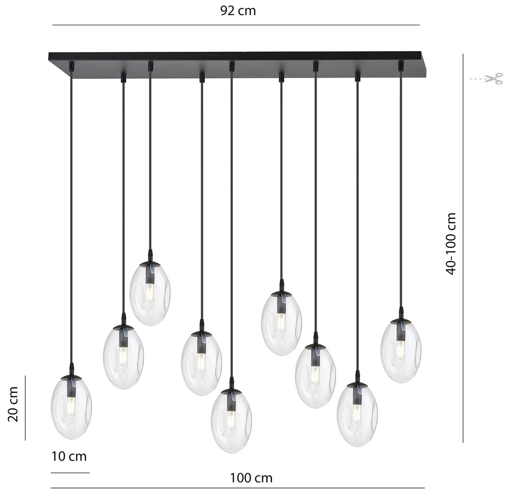 Sospensione Minimal 9 Luci Atalanta Acciaio Nero E Vetro Trasparente
