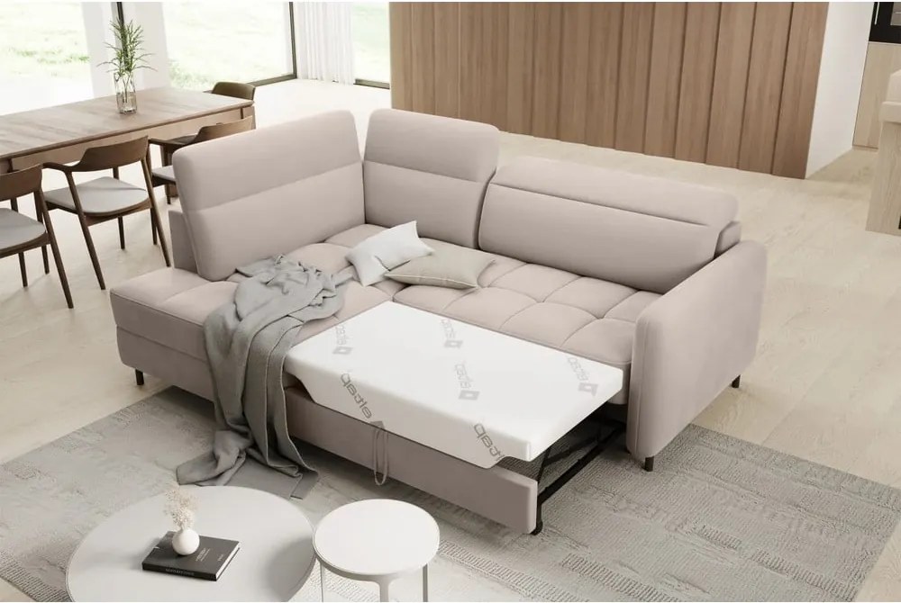 Divano angolare marrone chiaro allungabile/con contenitore (con penisola a sinistra/a L) e rivestimento in velluto Barea – ELTAP