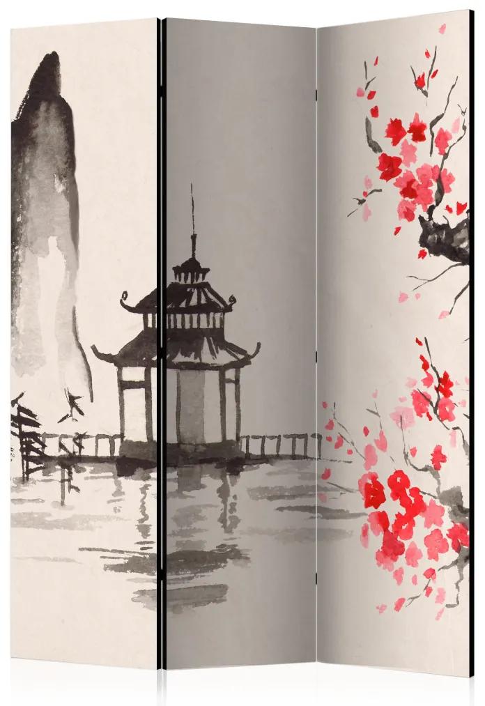 Paravento Capanna sensei (3-parti) - ciliegio in fiore e architettura giapponese