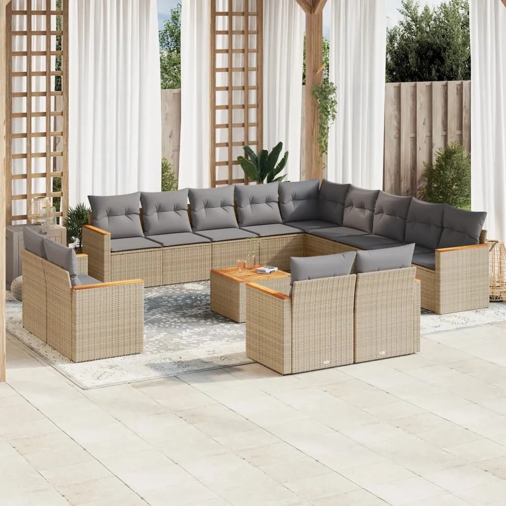 Set Divano da Giardino 14 pz con Cuscini Beige Misto Polyrattan