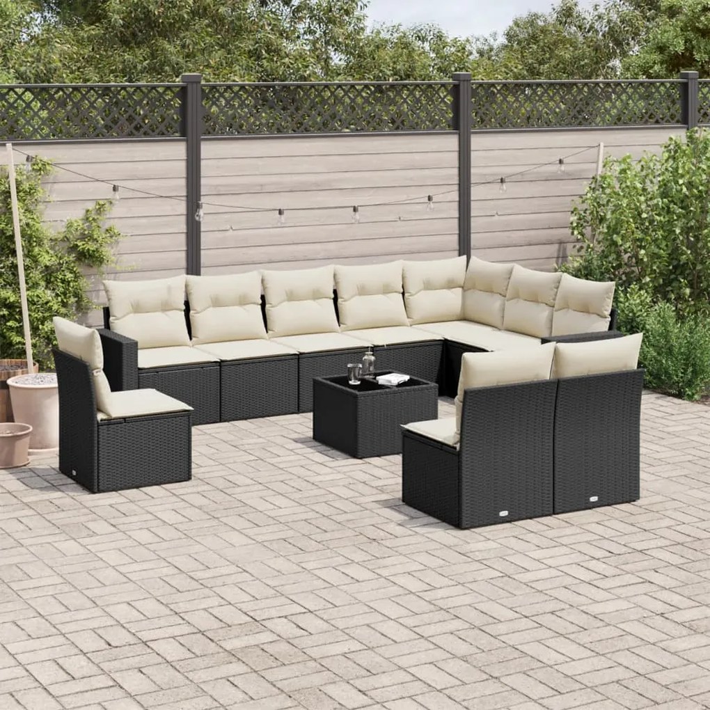 Set divani da giardino 11 pz con cuscini in polyrattan nero