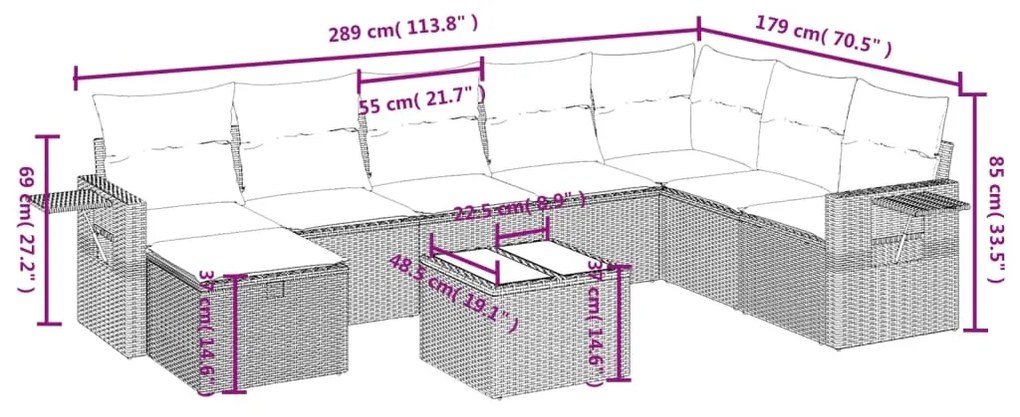 Set divano da giardino 9 pz con cuscini beige in polyrattan