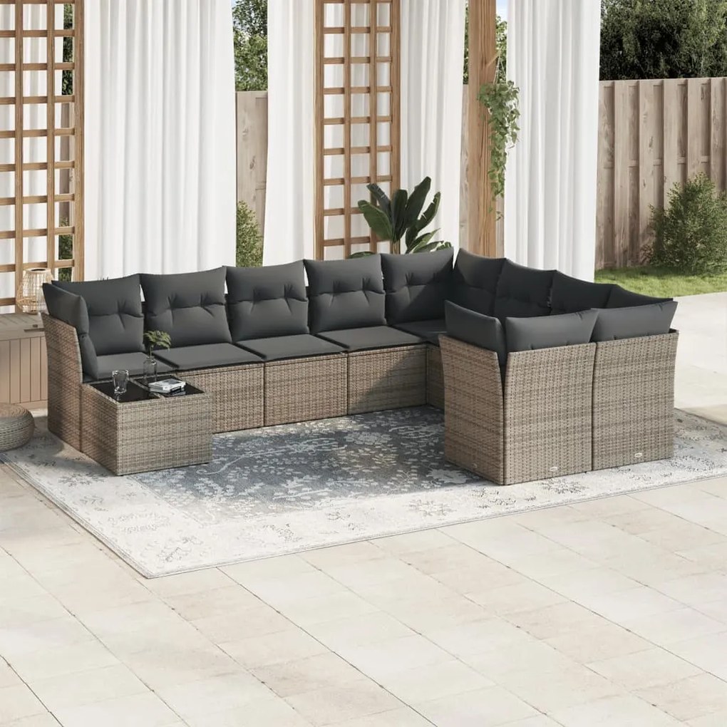 Set divano da giardino 10 pz con cuscini grigio in polyrattan