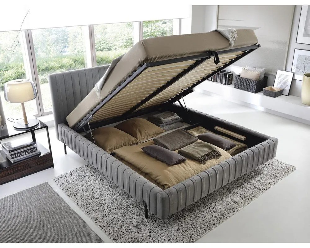 Letto matrimoniale imbottito grigio con contenitore e rete inclusi 140x200 cm Plissa – ELTAP