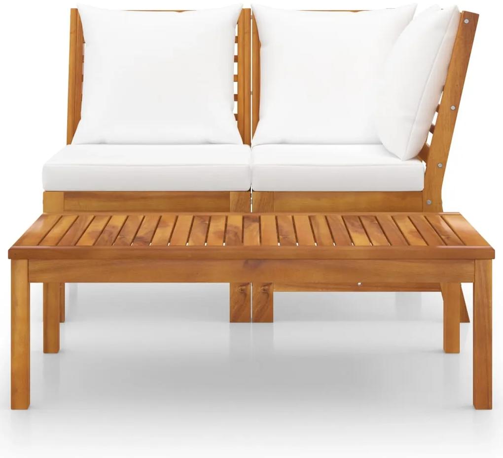 Set divani da giardino 3 pz con cuscini crema in legno acacia