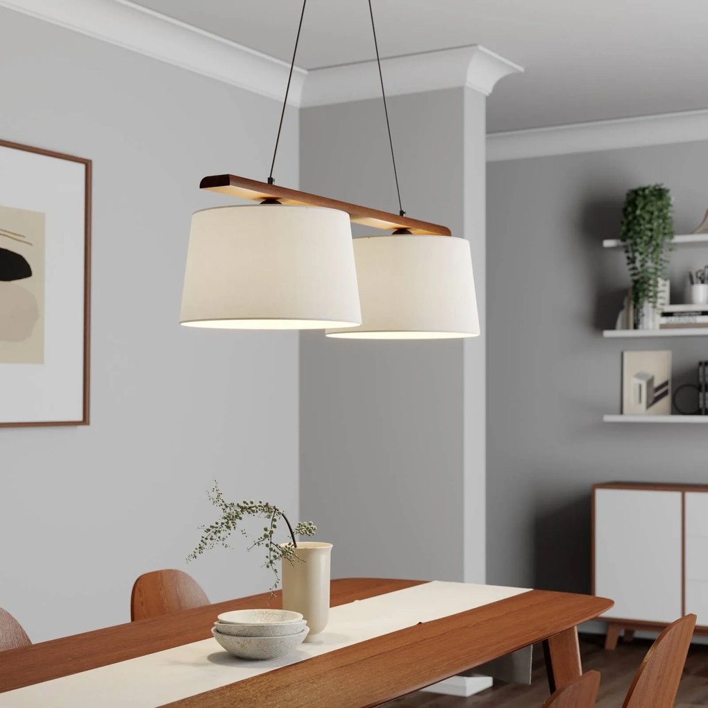 Lamkur Lampada a sospensione Svezia, bianco antico, tessuto, noce, a 2 luci