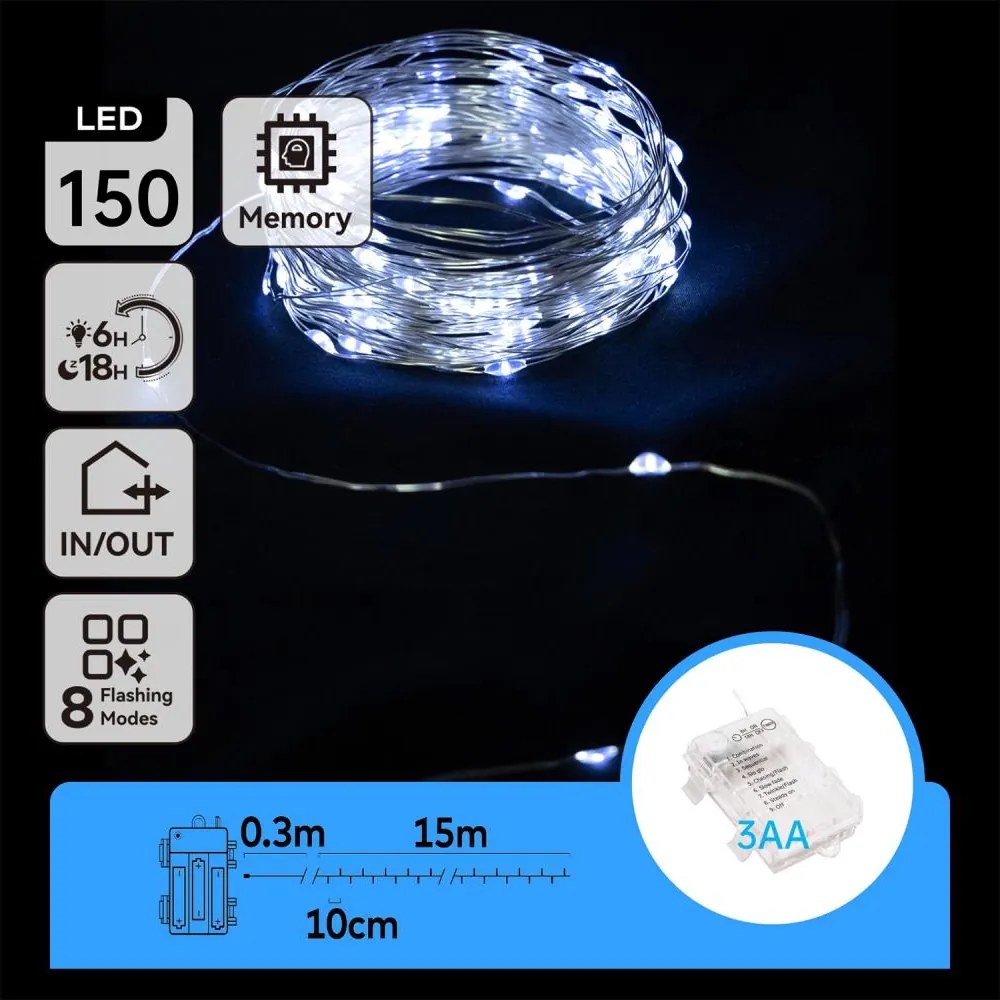 Aigostar - Catena luminosa LED da esterno 150 LED / 8 funzioni 15,3 m IP44 bianco freddo