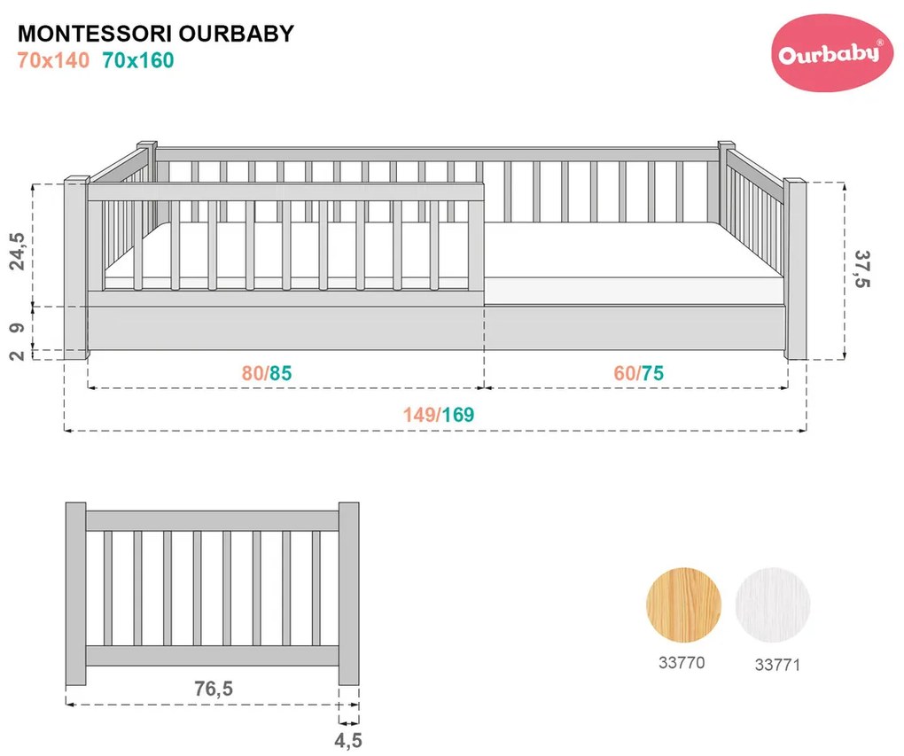 Letto basso per bambini Montessori Ourbaby Minni - bianco - 160x70 cm