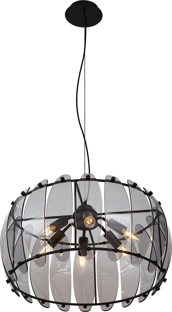 Lampada a sospensione smart nera con vetro fumé rotonda a 6 luci incl. WiFi C35 - Mochan