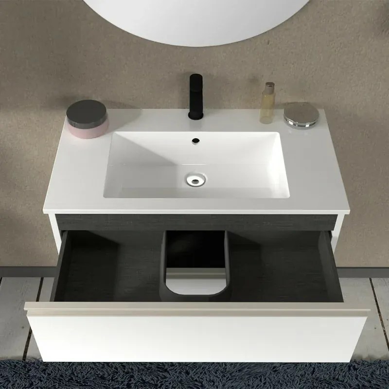 Mobile bagno sospeso 80 cm bianco opaco con lavabo e specchio Master