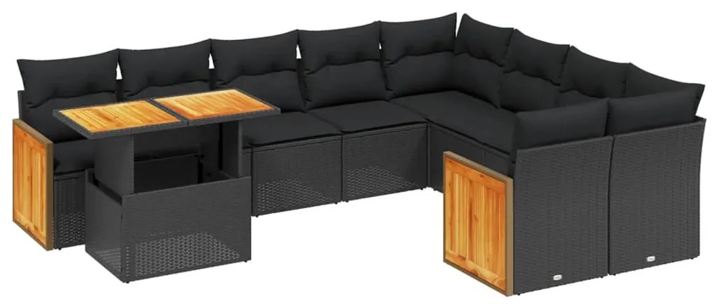 Set divani da giardino 10pz con cuscini in polyrattan nero