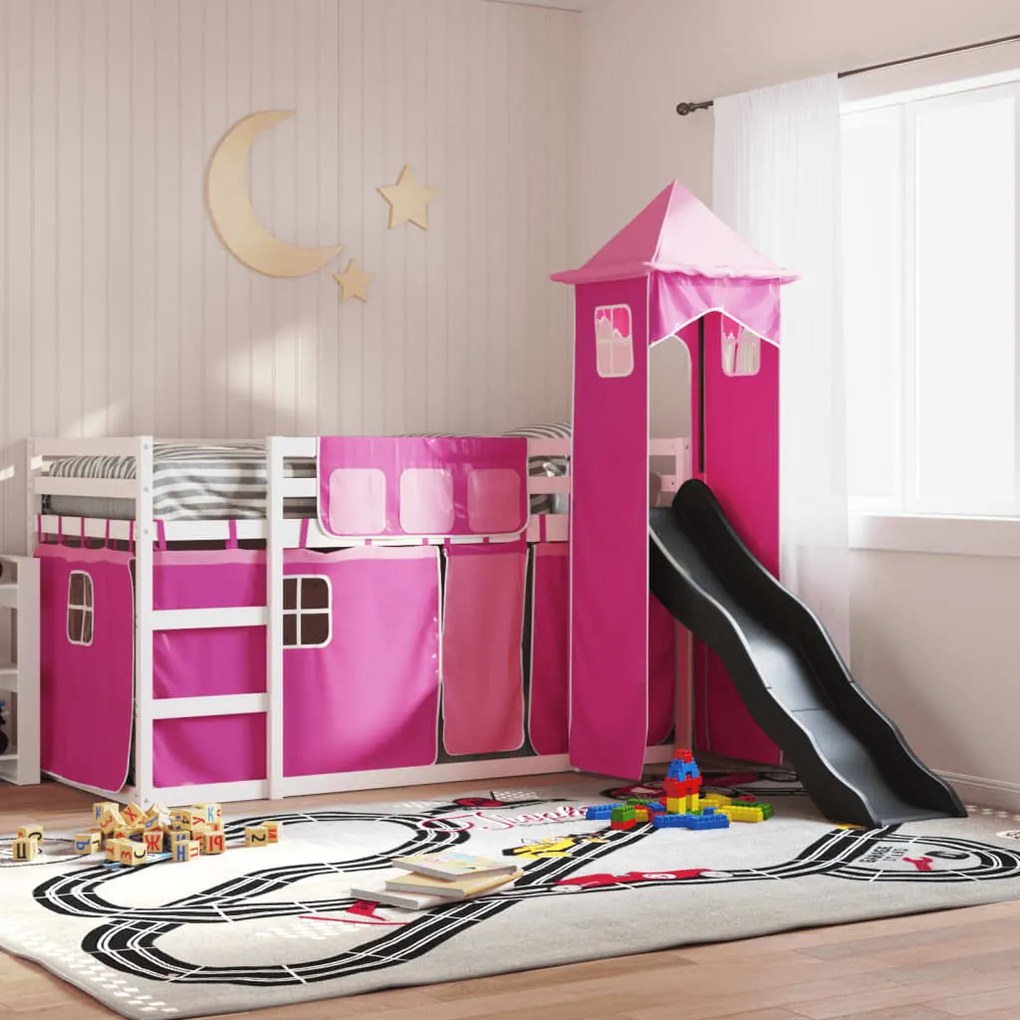 Letto A Castello Con Scivolo E Tende Rosa 80x200 Cm /